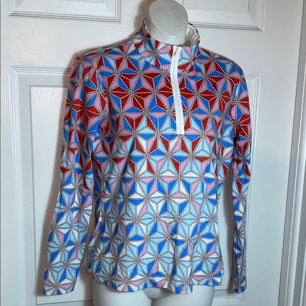 J.McLaughlin women's quarter-zip top colorful geometric pinwheel print Size S